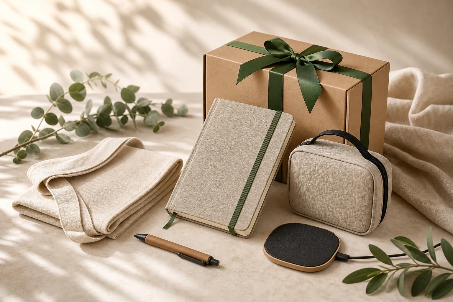 Curated corporate gift box, notebook, canvas tote, organiser pouch, pen and charging pad