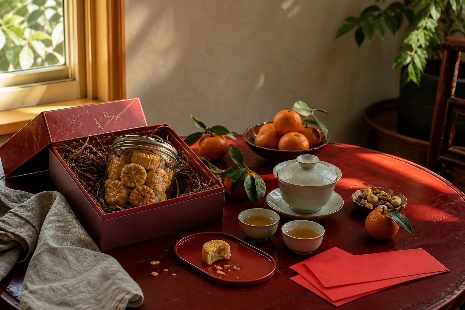 Chinese New Year gift collection with pineapple tarts, tea, nuts and mandarins on a red lacquer table