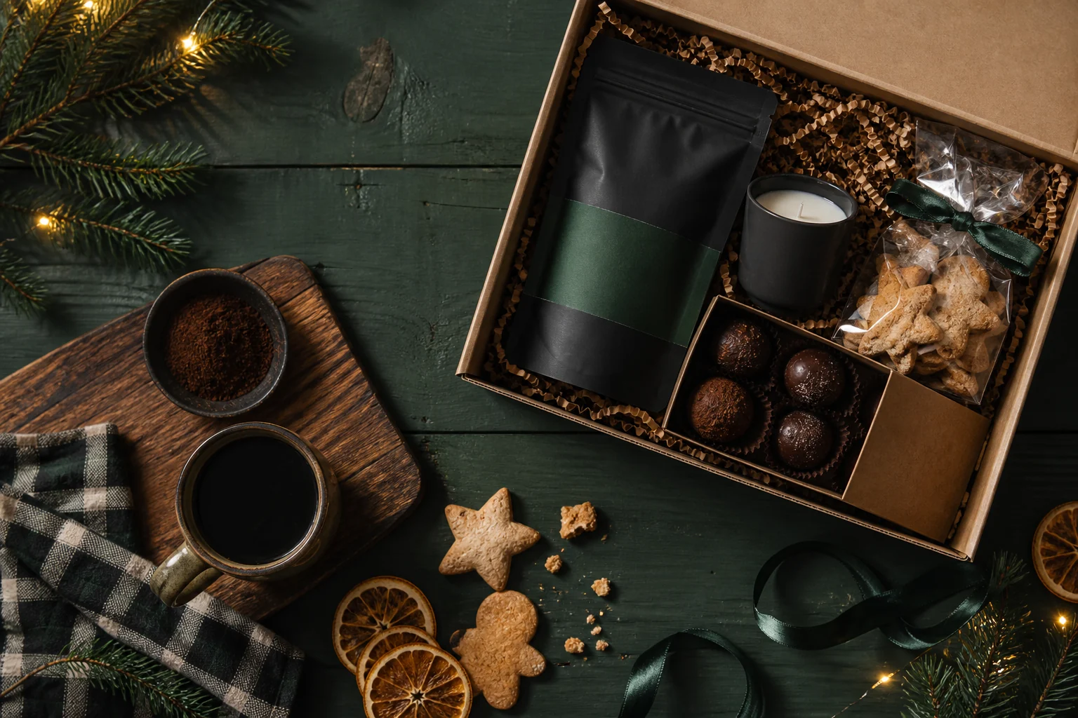 Overhead Christmas gift box with cookies, chocolates, coffee and a candle on a forest green table