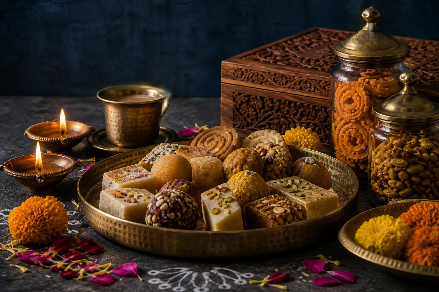 Deepavali gift collection with mithai, murukku, masala tea, brass pieces and glowing diyas