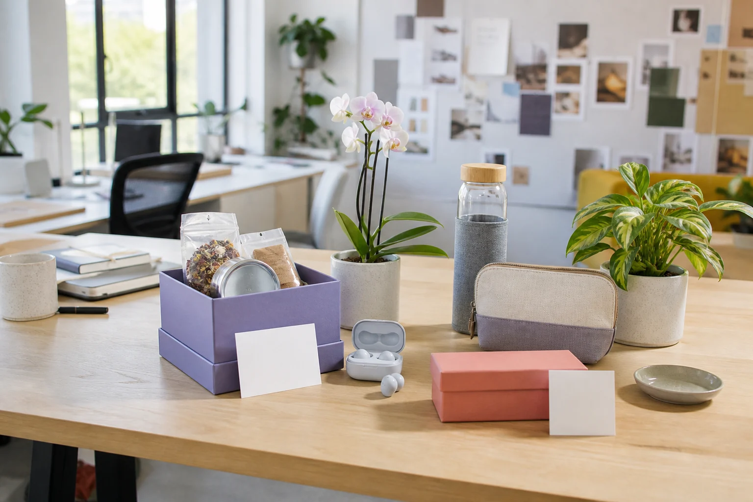International Women's Day workplace gifts with treats, useful tech, wellness items and desk plants