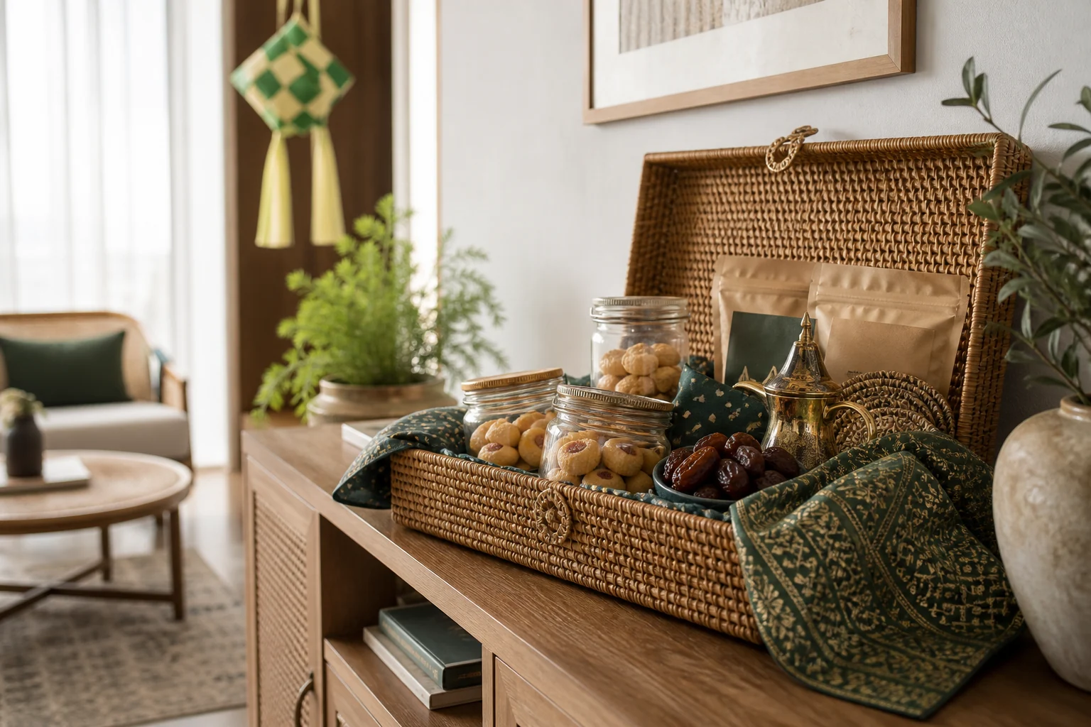 Hari Raya woven gift hamper with dates, kuih raya and coffee in a welcoming Malaysian home