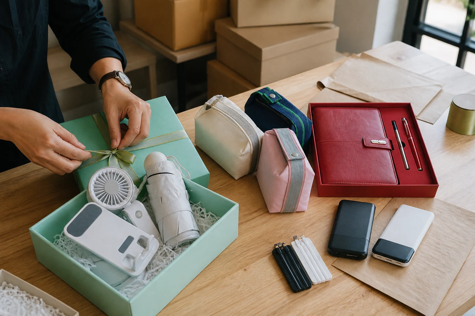 Giftvity team preparing a curated corporate gift collection with gift boxes, pouches, notebooks and power banks
