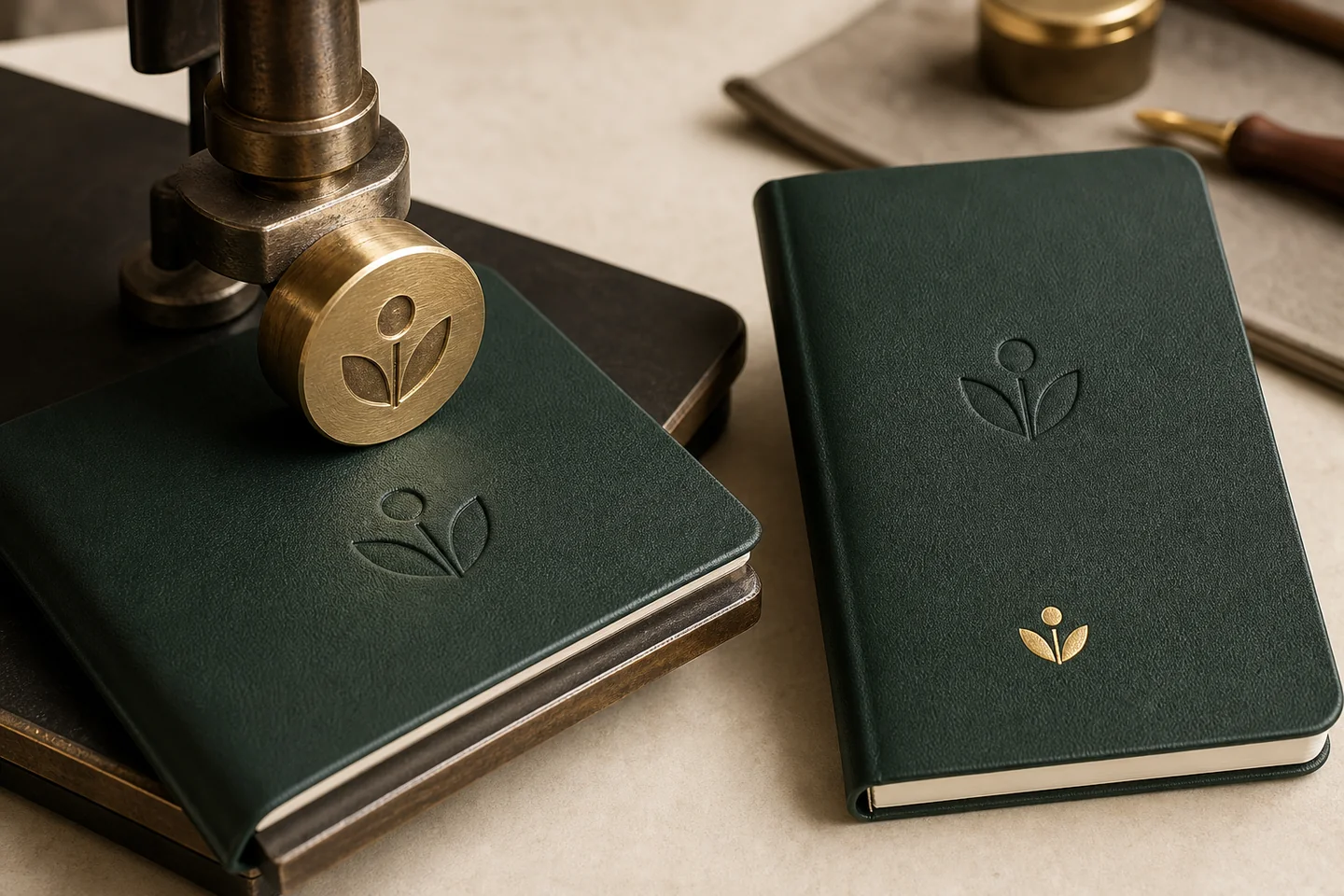 Debossed and gold-foil marks on premium green notebooks