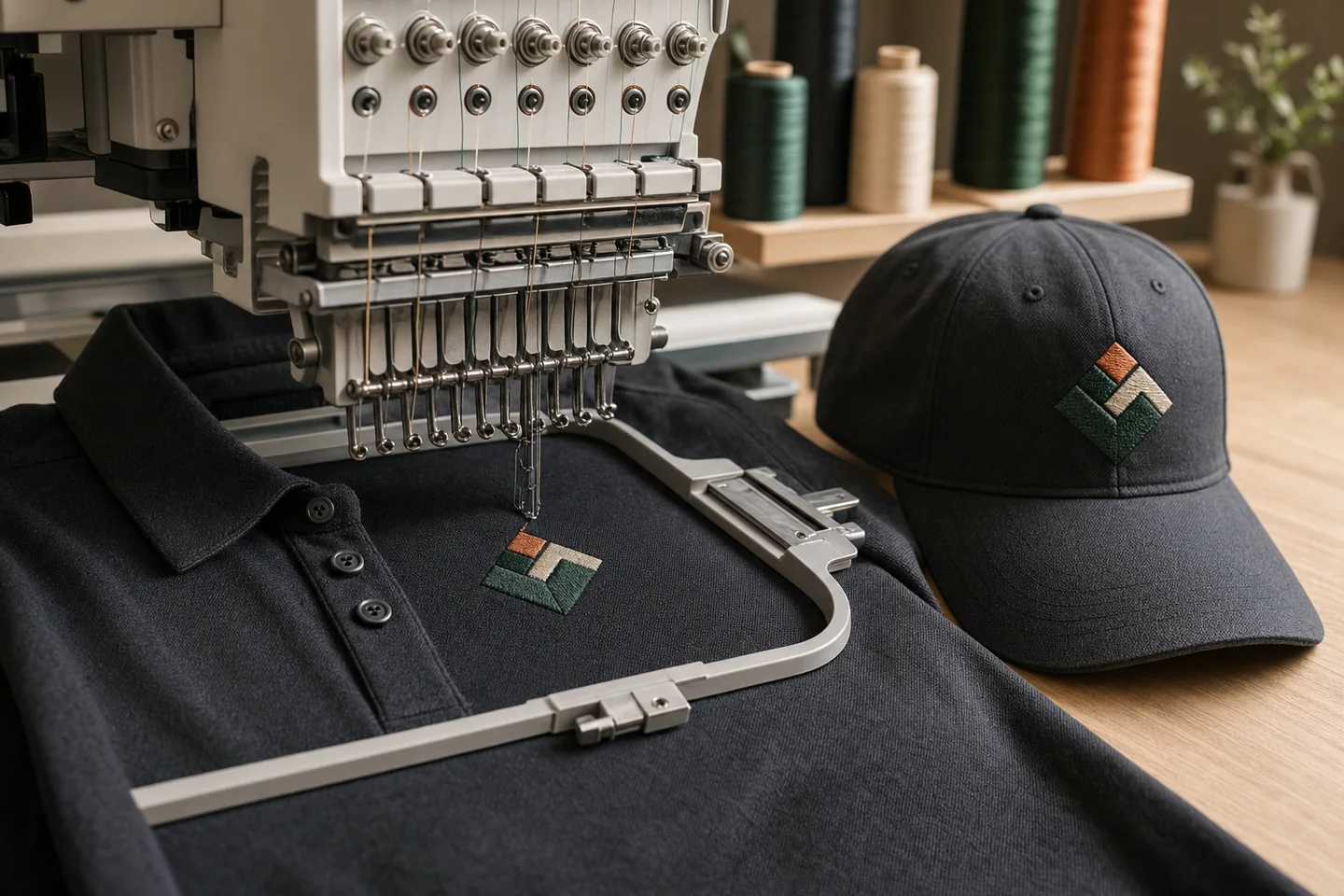 Embroidery machine stitching a multicolour emblem onto a polo shirt