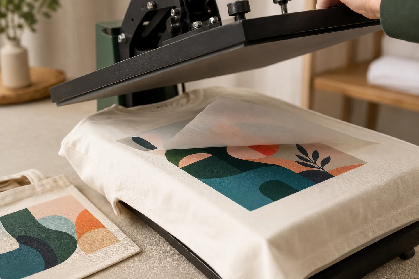 Heat transfer revealing a full-colour design on a cream shirt