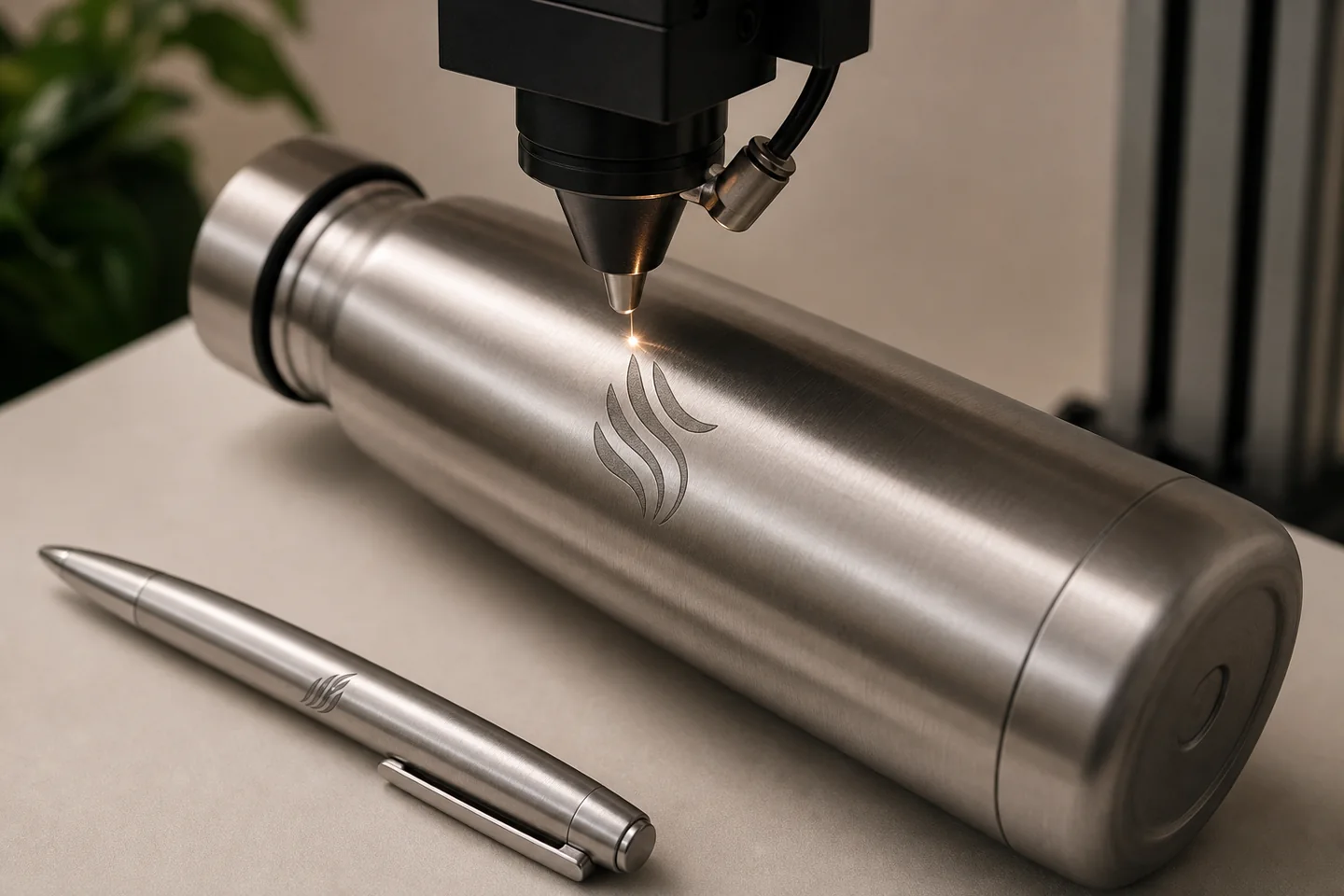 Laser engraving a permanent mark onto a stainless-steel bottle