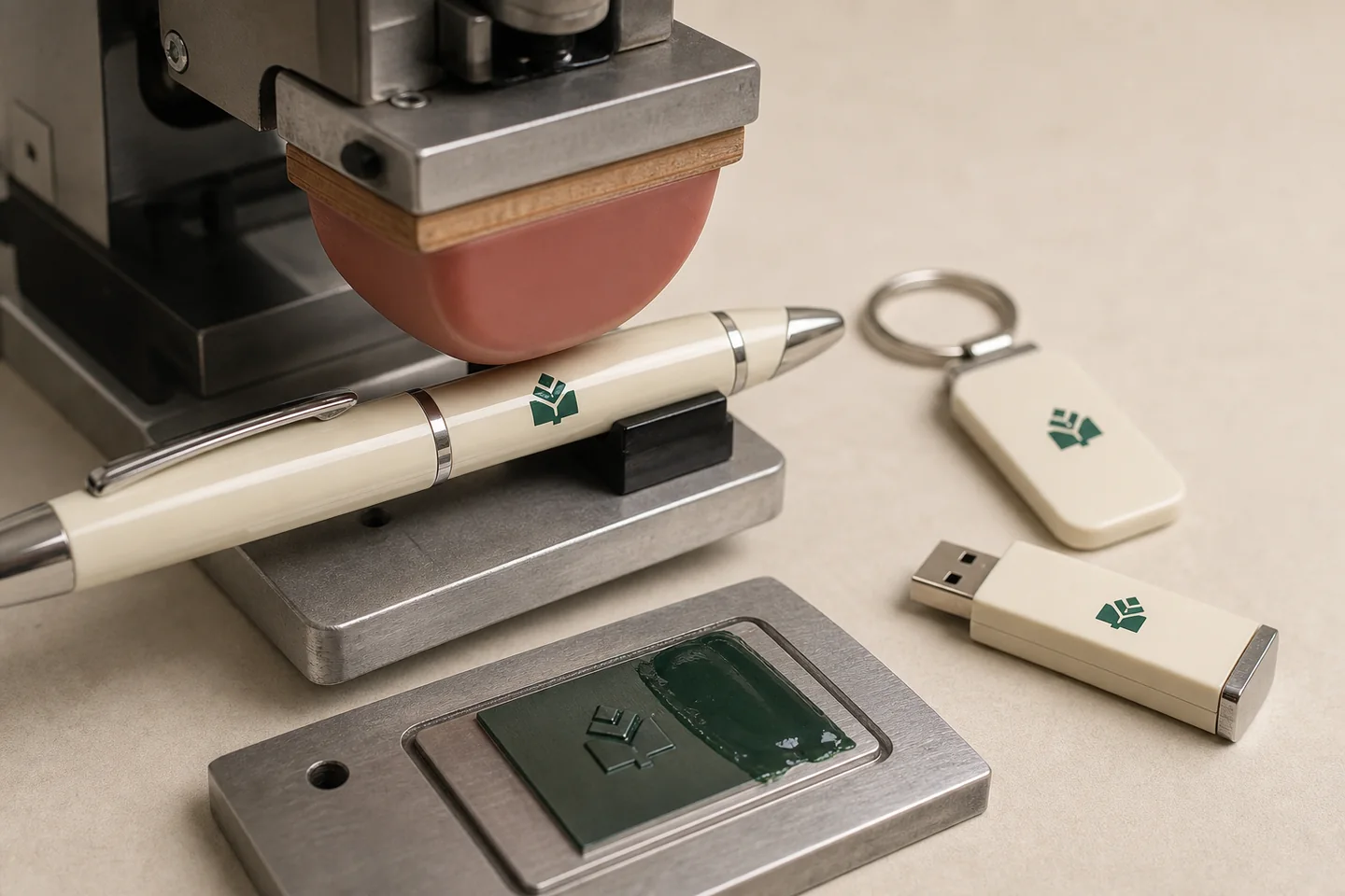 Silicone pad printing a small green mark onto a curved pen