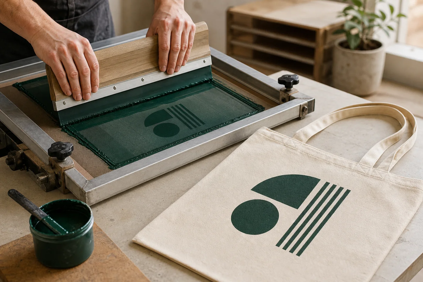 Screen printing green ink onto a natural cotton tote bag