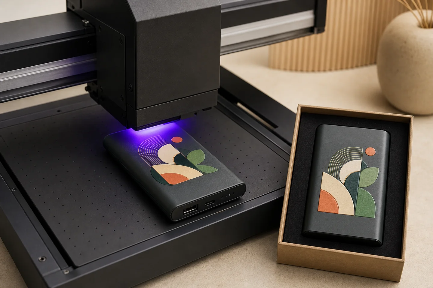 UV printer applying a sharp full-colour design to a power bank